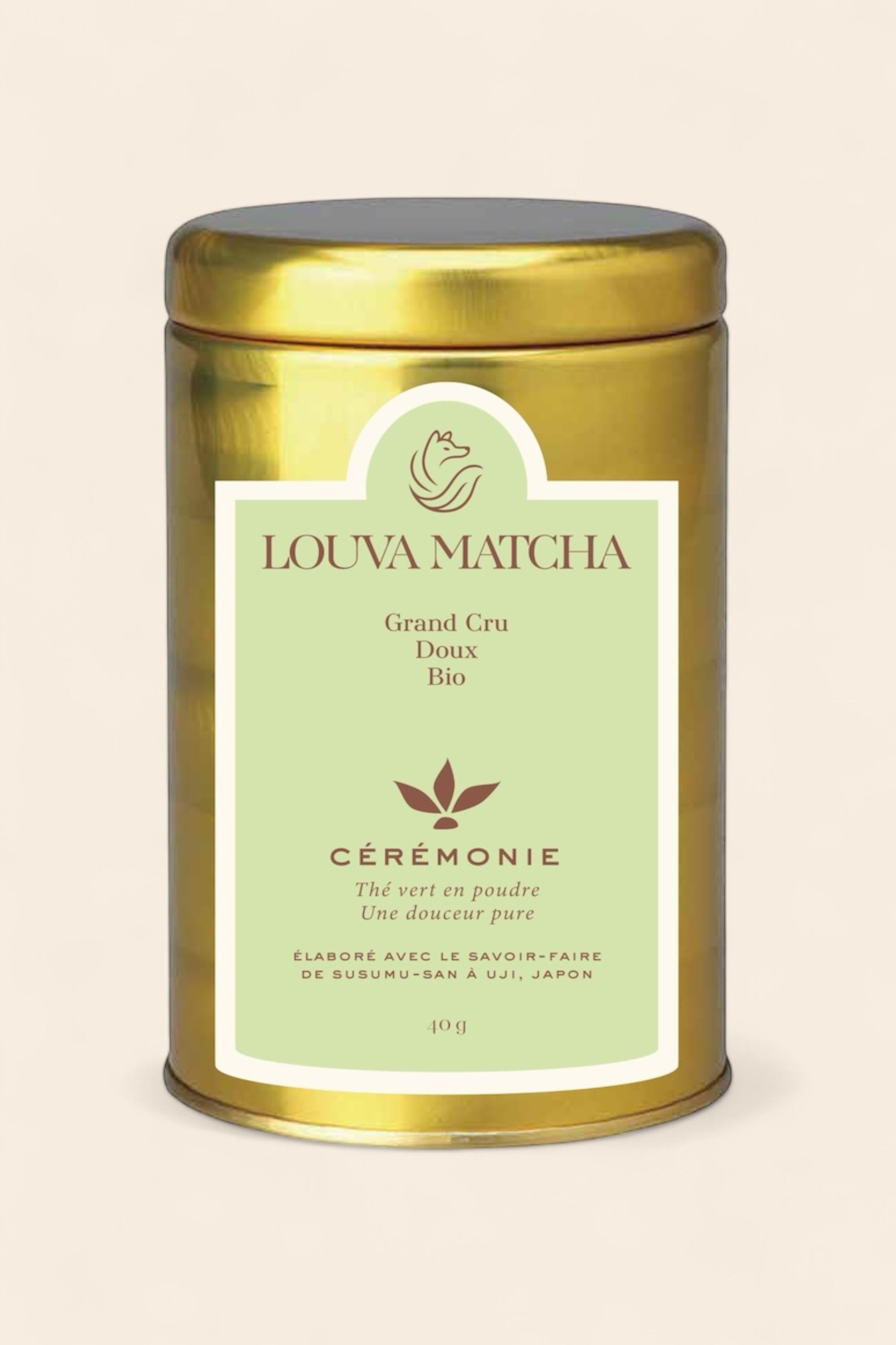 	•	Matcha Cérémonial Bio Louva Matcha, thé vert japonais d’Uji Kyoto, boîte 40g
	•	Boîte de matcha de cérémonie bio, thé vert premium en poudre, 40g