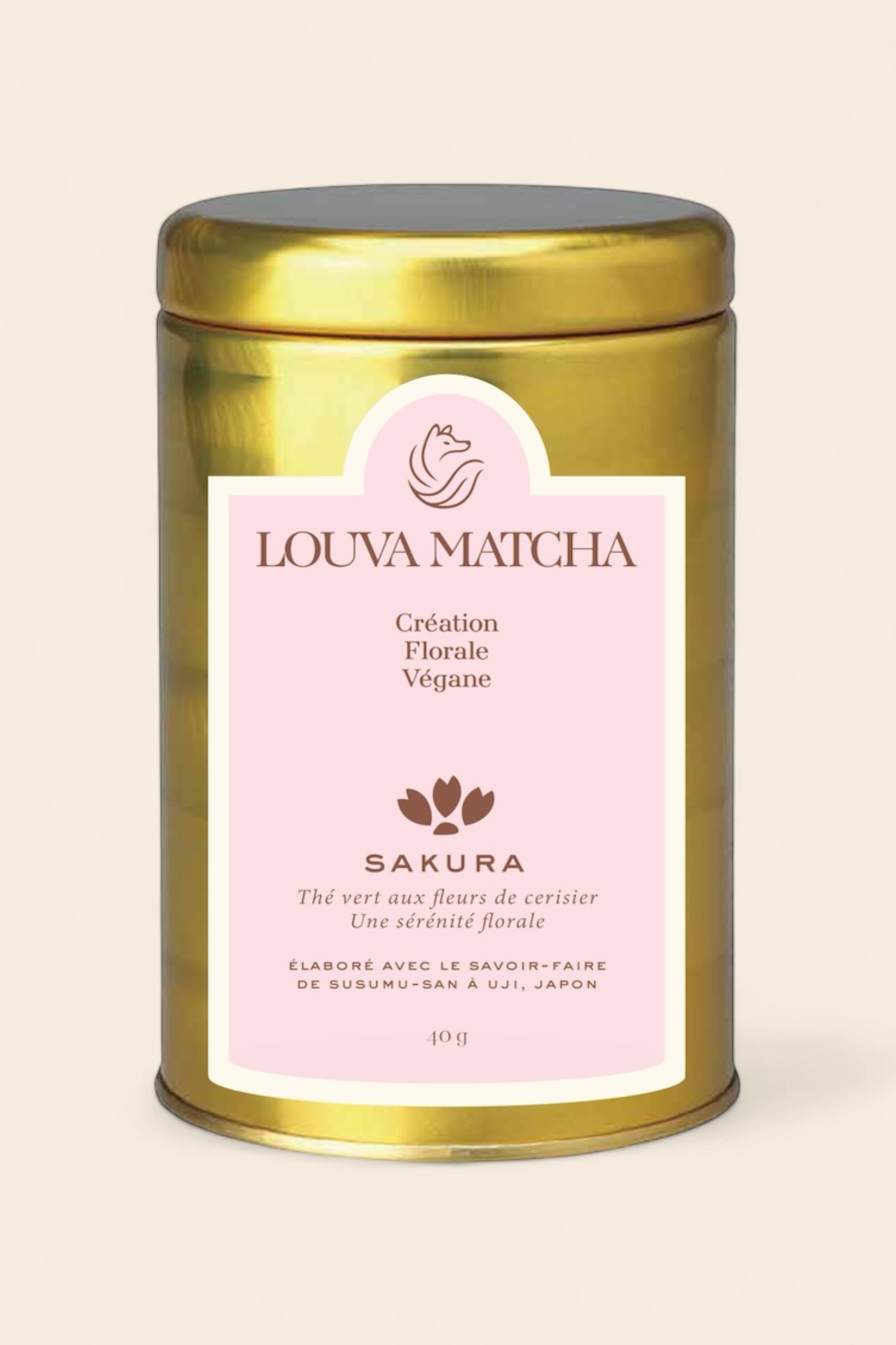 	•	Matcha Sakura Louva Matcha, thé vert japonais bio avec fleur de cerisier, boîte dorée 40g
	•	Boîte dorée japonaise de Matcha Sakura, mélange floral de matcha japonais et fleur de sakura
