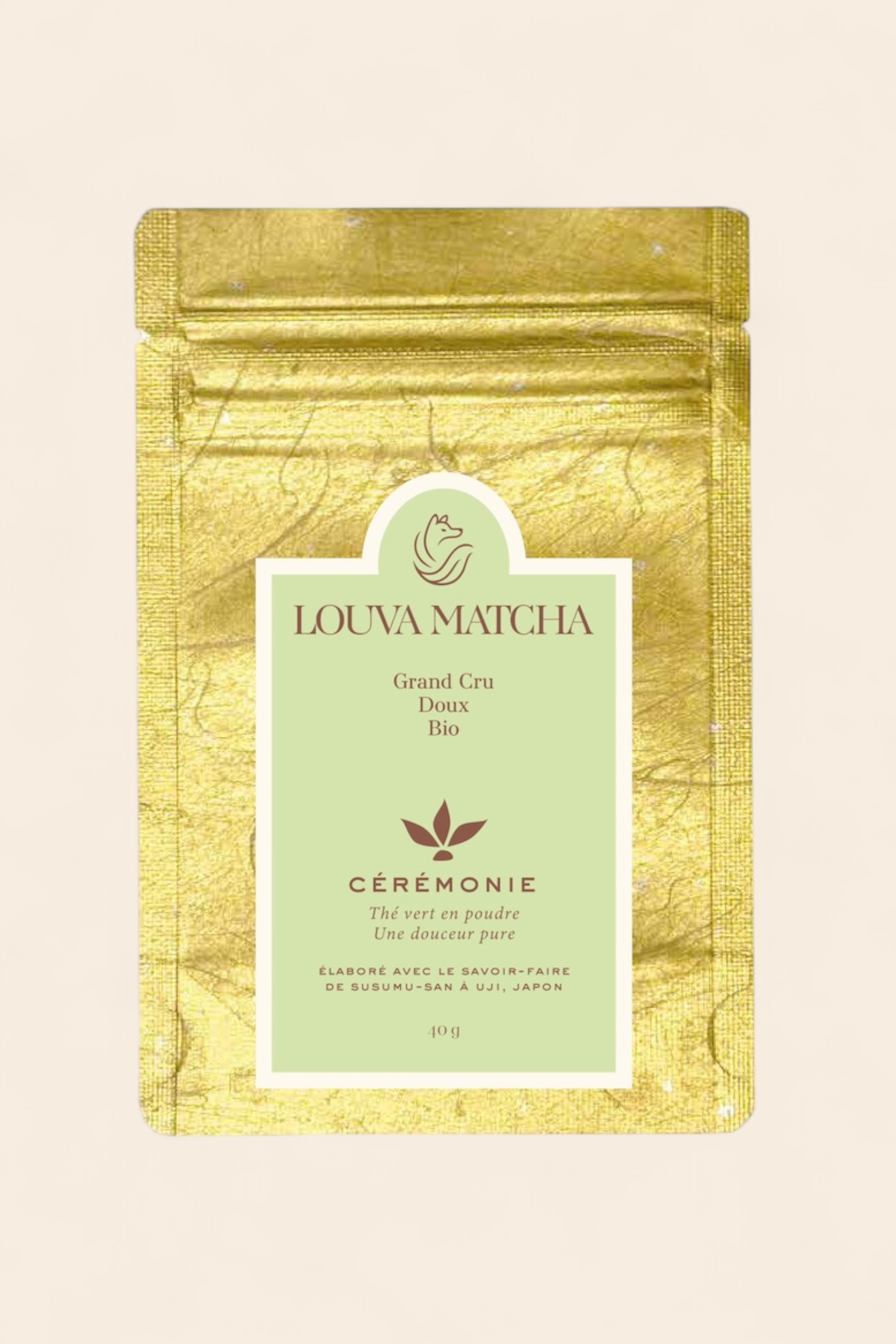 	•	Recharge Matcha Cérémonie Bio Louva Matcha, thé vert japonais Uji Kyoto, sachet 40g
	•	Sachet de matcha bio en poudre, thé vert japonais de cérémonie, 40g